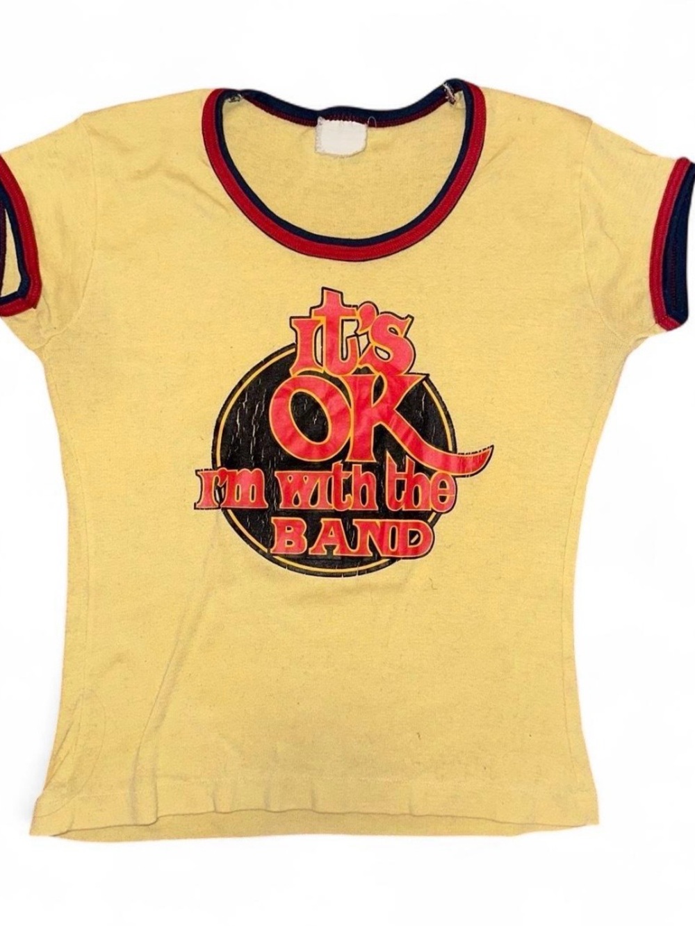 Yellow True Vintage Graphic Ringer Tee ‘It's OK I'm With The Band' 70s Rockstar